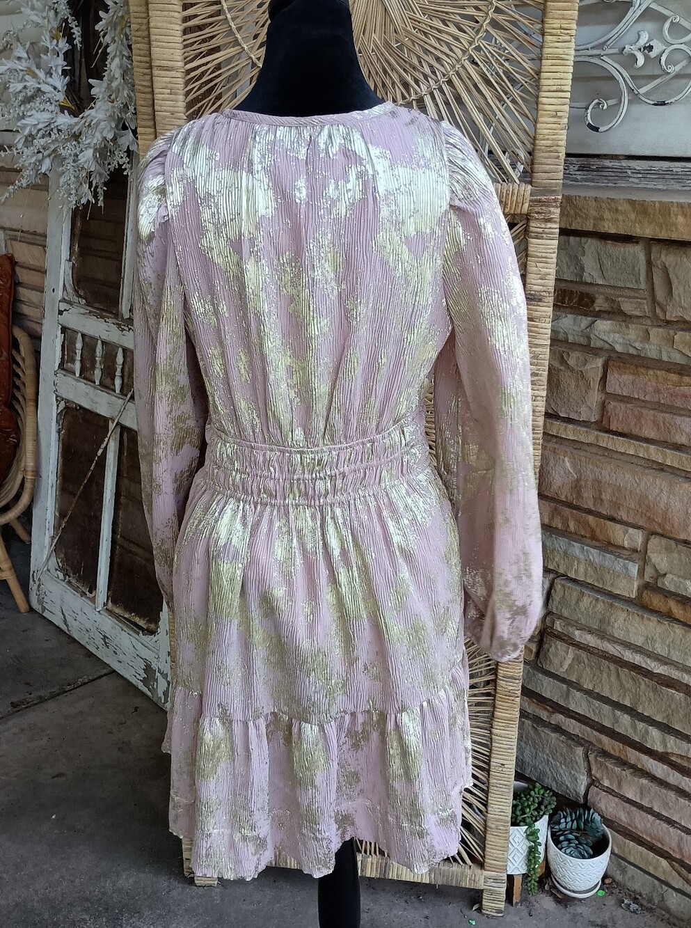 By Anthropologie Shimmery Pink Midi Dress - Gold Floral Accents - With Pockets_S - Picture 8 of 11